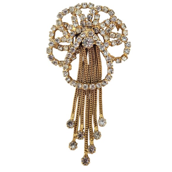 Gold Tone Vintage Prong Set Rhinestone Bow Waterfall Chain Tassel Brooch L79 - Picture 2 of 11